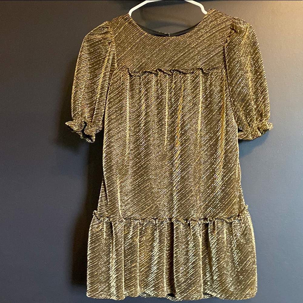 Girls Gold Metallic Dress with Puff Sleeves